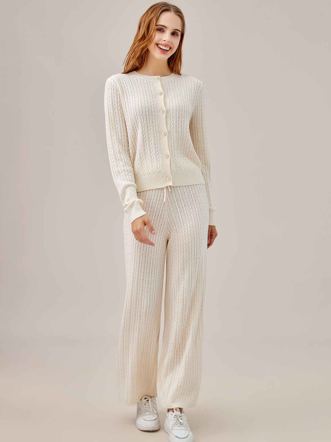 Cable Knit Cardigan and Pants 2-Piece Set