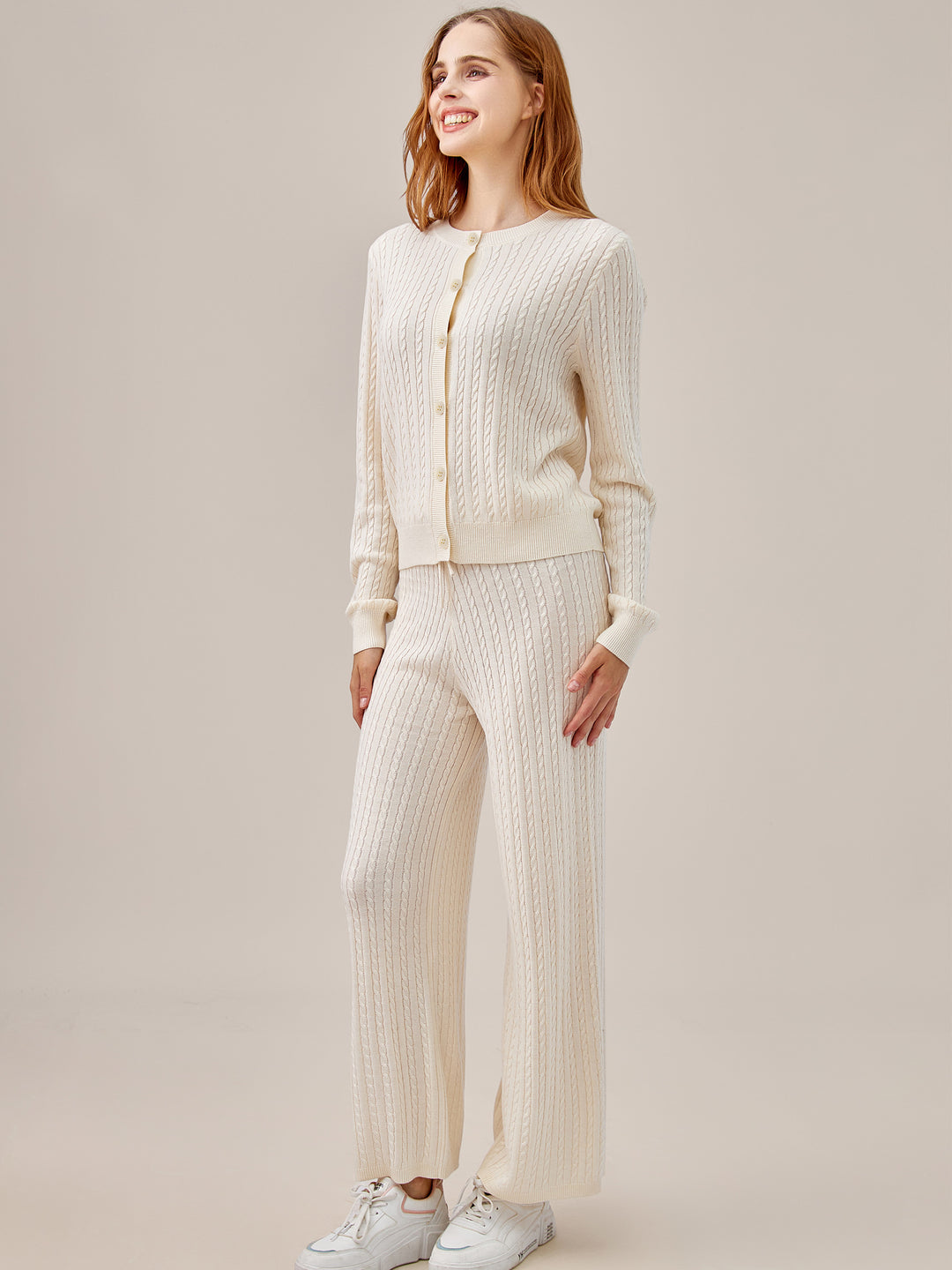 Cable Knit Cardigan and Pants 2-Piece Set