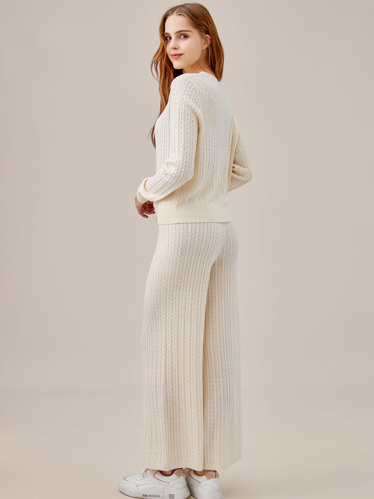 Cable Knit Cardigan and Pants 2-Piece Set