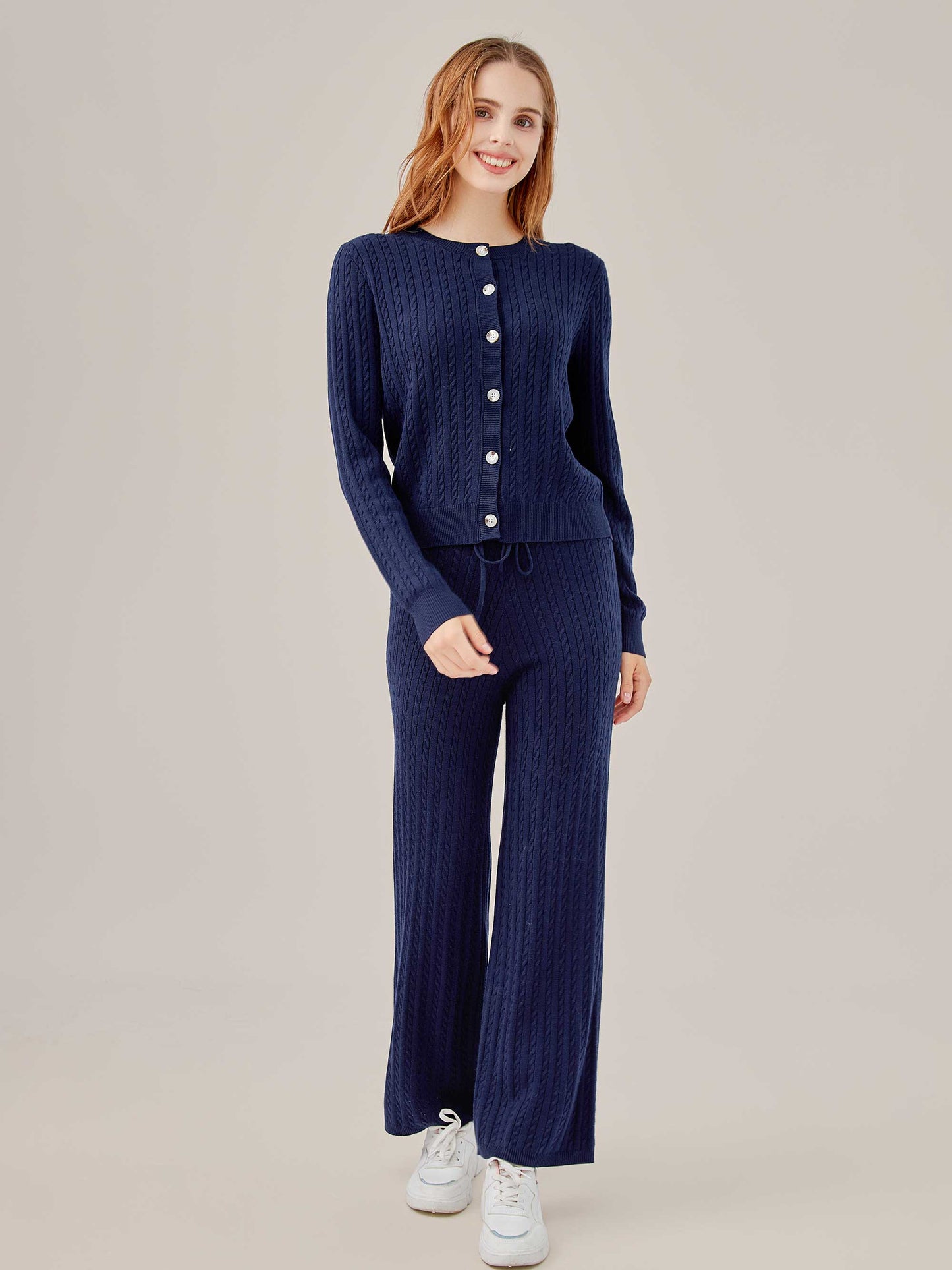 Cable Knit Cardigan and Pants 2-Piece Set