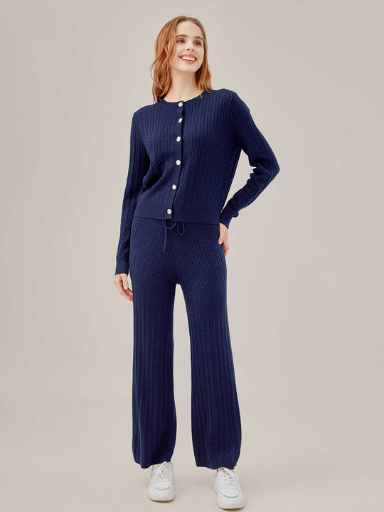 Cable Knit Cardigan and Pants 2-Piece Set