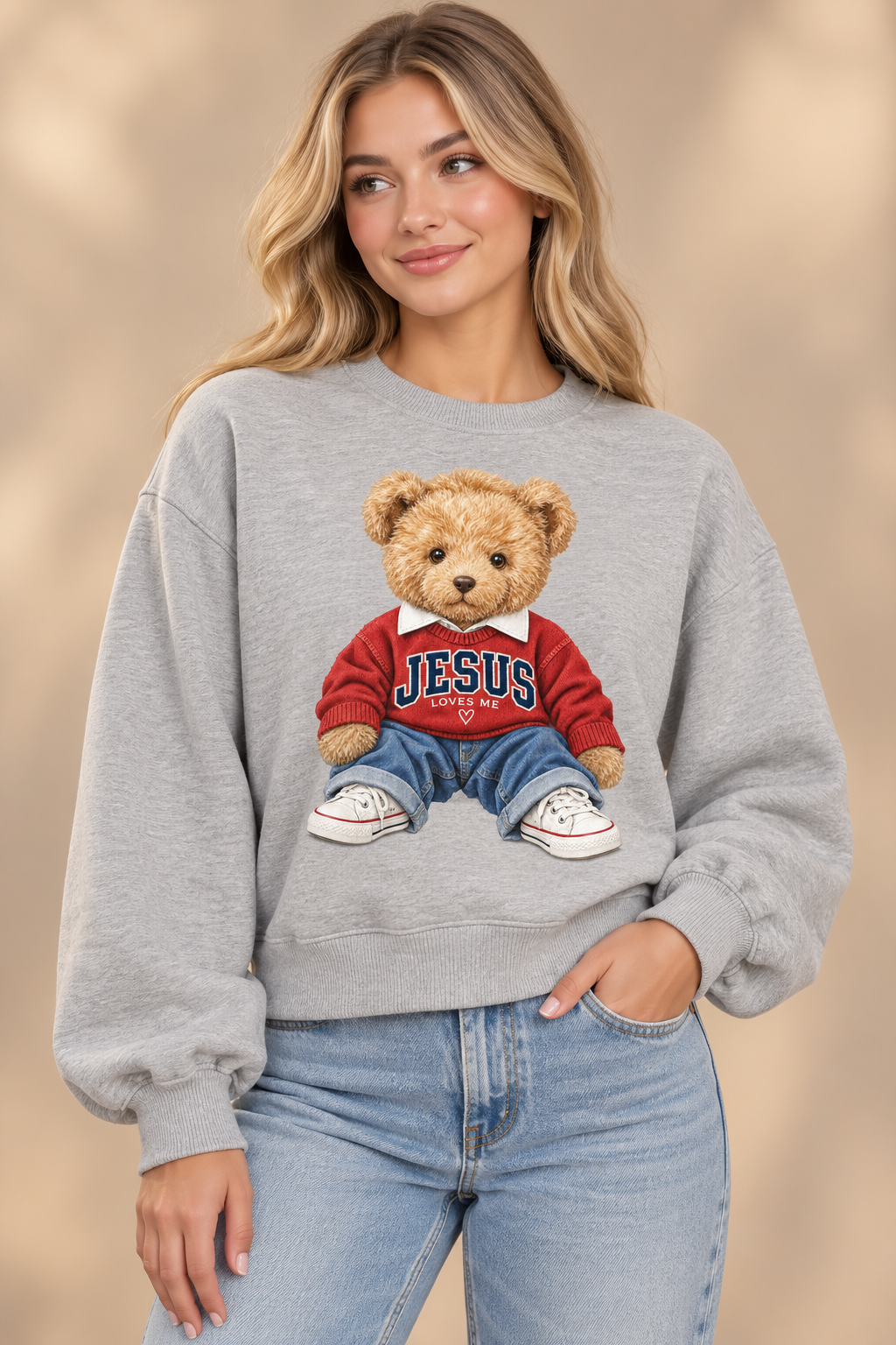 JESUS Teddy Bear Graphic Sweatshirt – Heather Gray