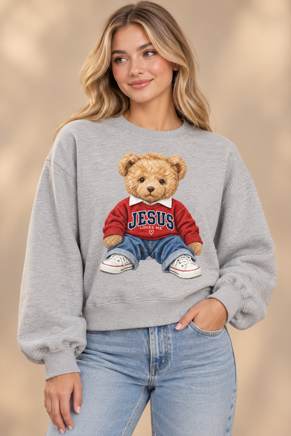 JESUS Teddy Bear Graphic Sweatshirt – Heather Gray