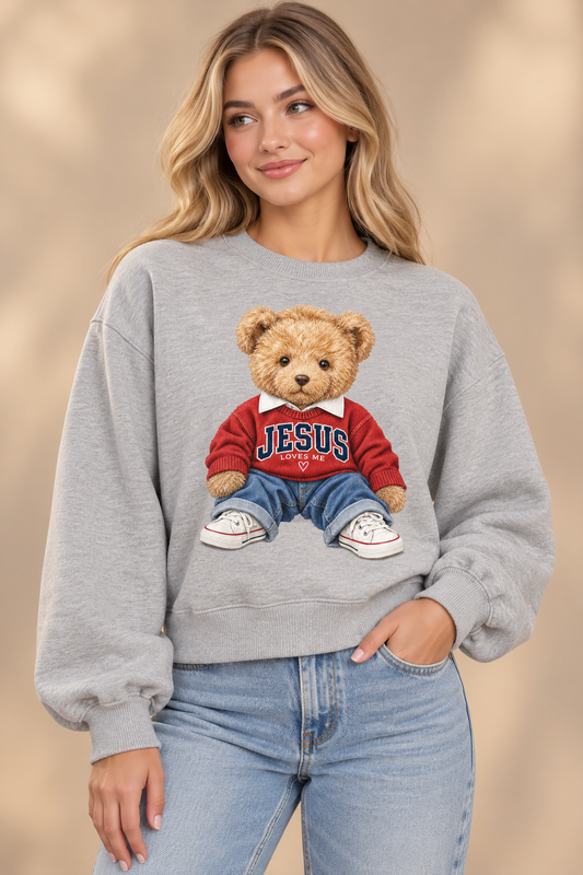 JESUS Teddy Bear Graphic Sweatshirt – Heather Gray