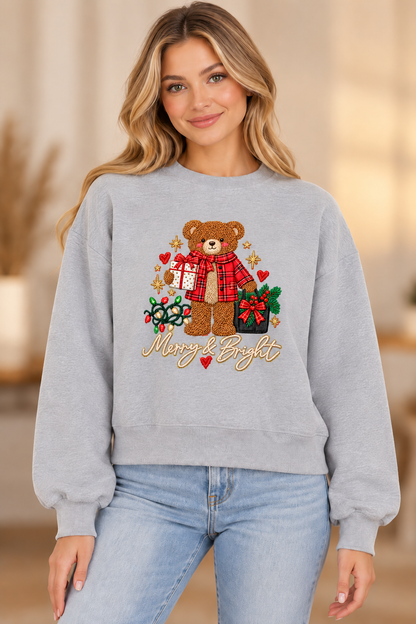 Merry & Bright Teddy Bear Christmas Sweatshirt – Heather Gray