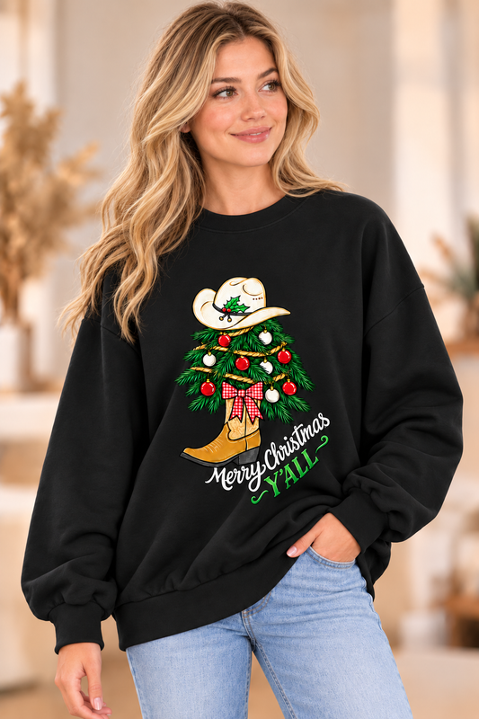 Western Christmas Cowboy Boot Tree Sweatshirt – Black
