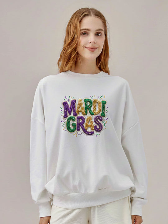 MARDI GRAS Faux Crochet Graphic Print Sweatshirt