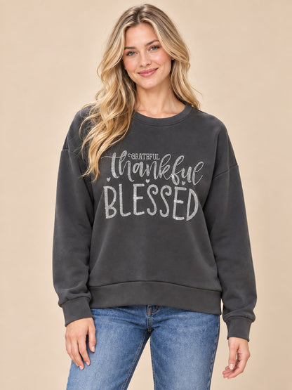 Grateful Thankful Blessed Rhinestone Crewneck