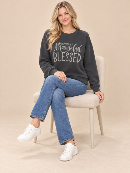 Grateful Thankful Blessed Rhinestone Crewneck