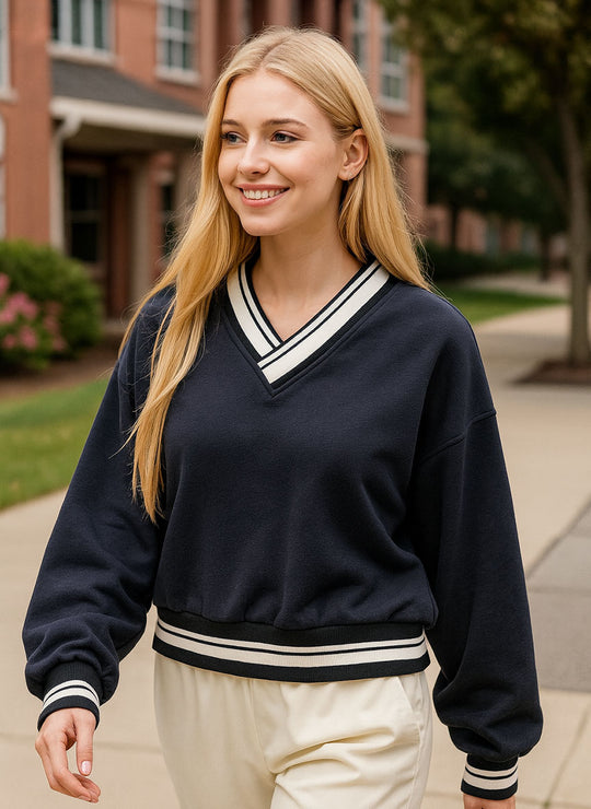 Varsity V-Neck Soft Sweatshirt - Black Ivory