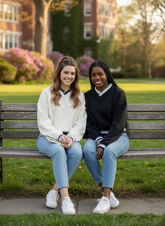 Varsity V-Neck Soft Sweatshirt - Ivory Black