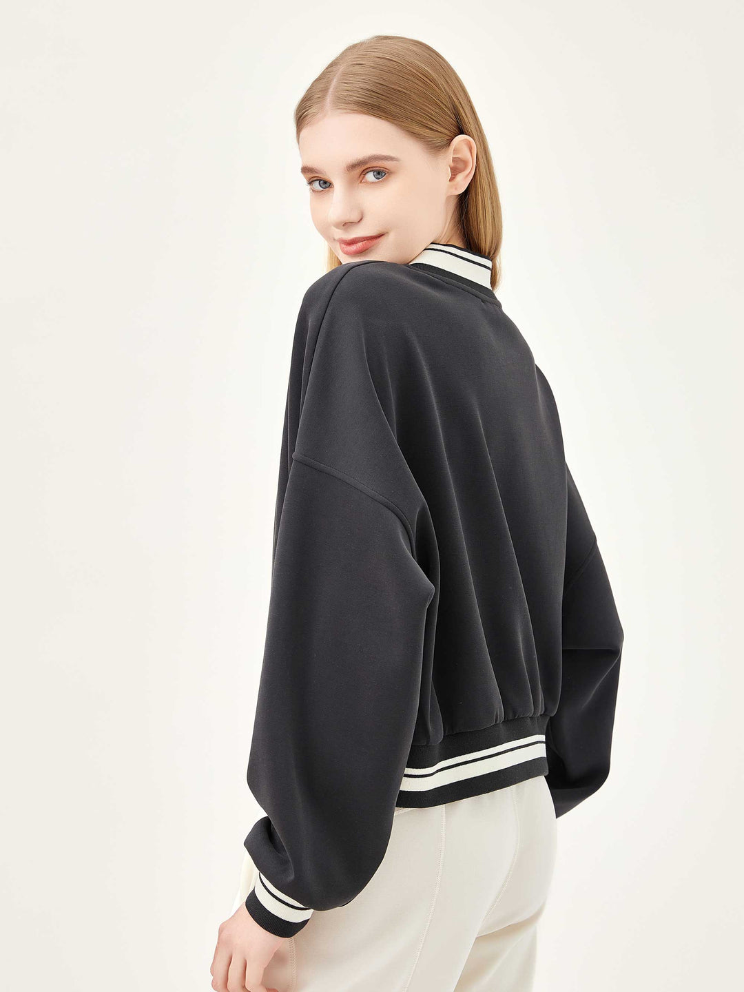 Varsity V-Neck Soft Sweatshirt - Black Ivory