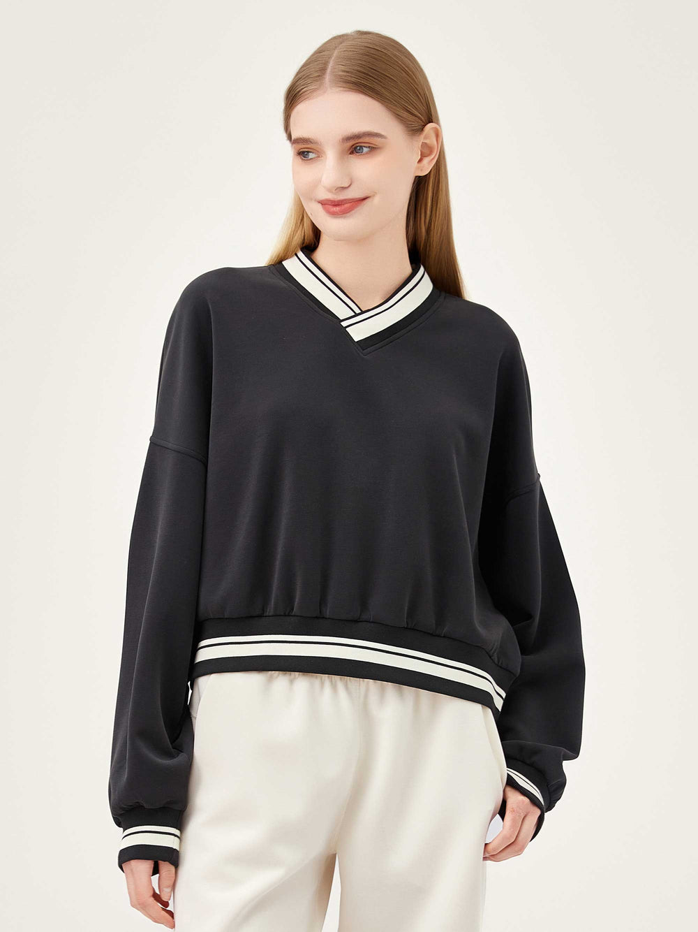 Varsity V-Neck Soft Sweatshirt - Black Ivory