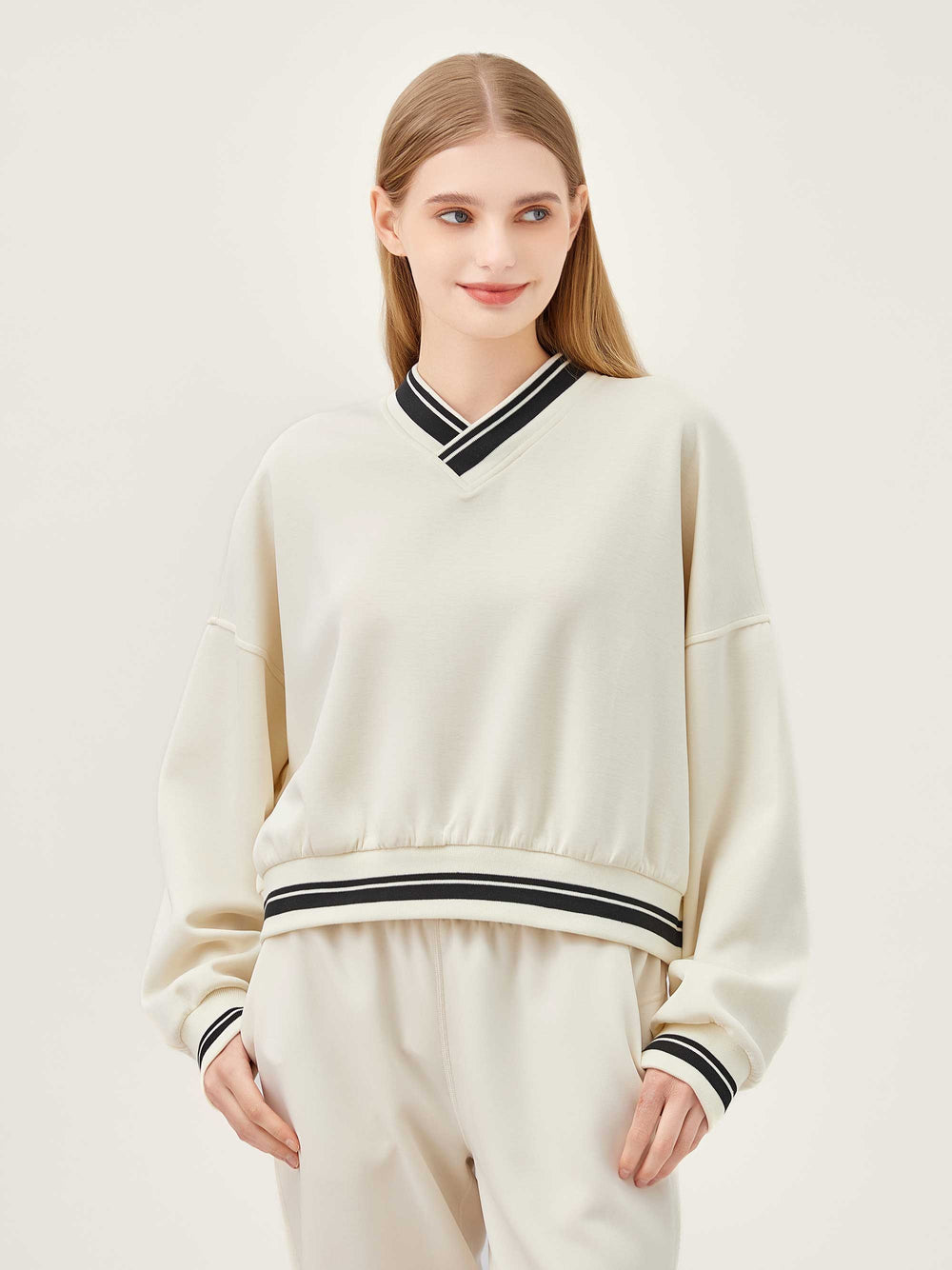 Varsity V-Neck Soft Sweatshirt - Ivory Black