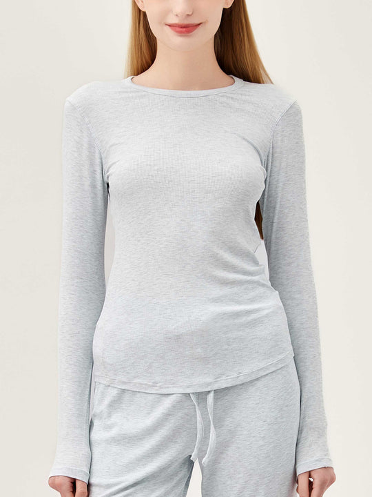 Airy Soft Ribbed Long Sleeve Top - Light Grey