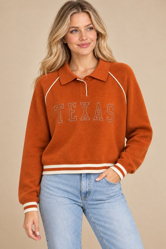 TEXAS Rhinestone Polo Sweater