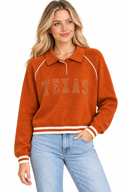 TEXAS Rhinestone Polo Sweater