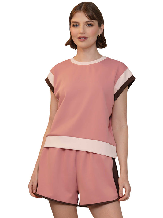 Wide Sleeve Color Block Short Sleeve Top and Matching Casual Shorts-Mauve