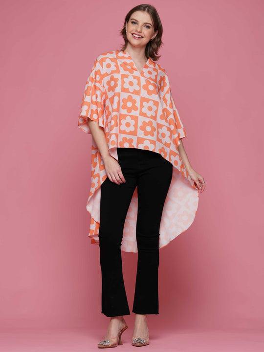 High Low Checkered Flower Print Top