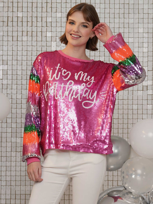 Its My Birthday striped long sleeve sequin top