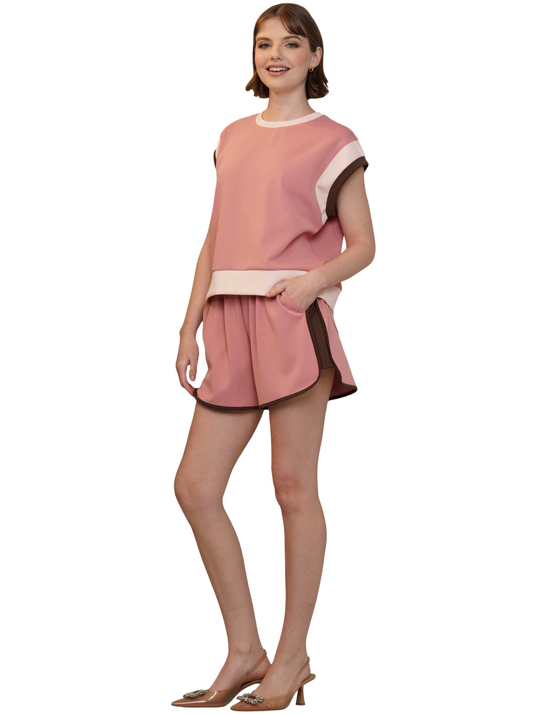 Wide Sleeve Color Block Short Sleeve Top and Matching Casual Shorts-Mauve