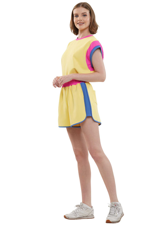 Wide Sleeve Color Block Short Sleeve Top and Matching Casual Shorts