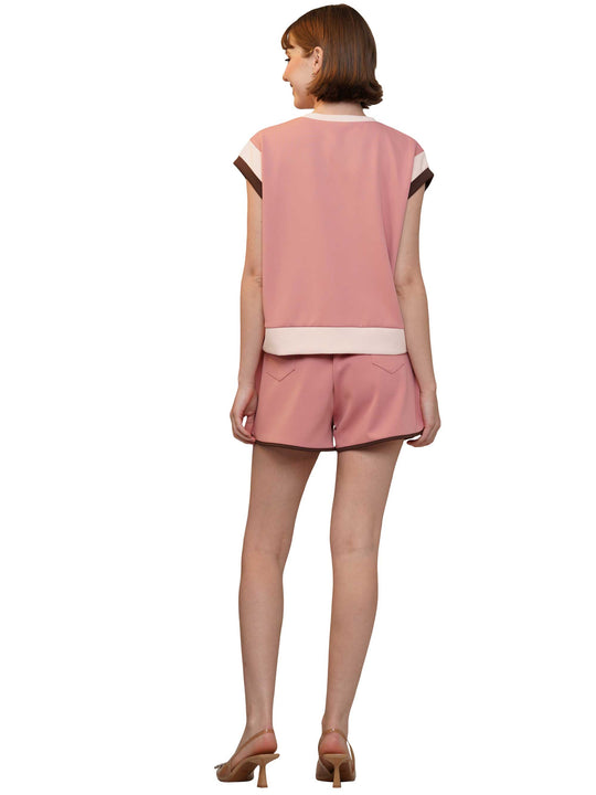 Wide Sleeve Color Block Short Sleeve Top and Matching Casual Shorts-Mauve