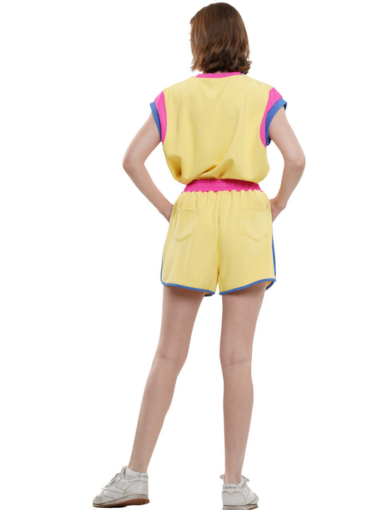 Wide Sleeve Color Block Short Sleeve Top and Matching Casual Shorts