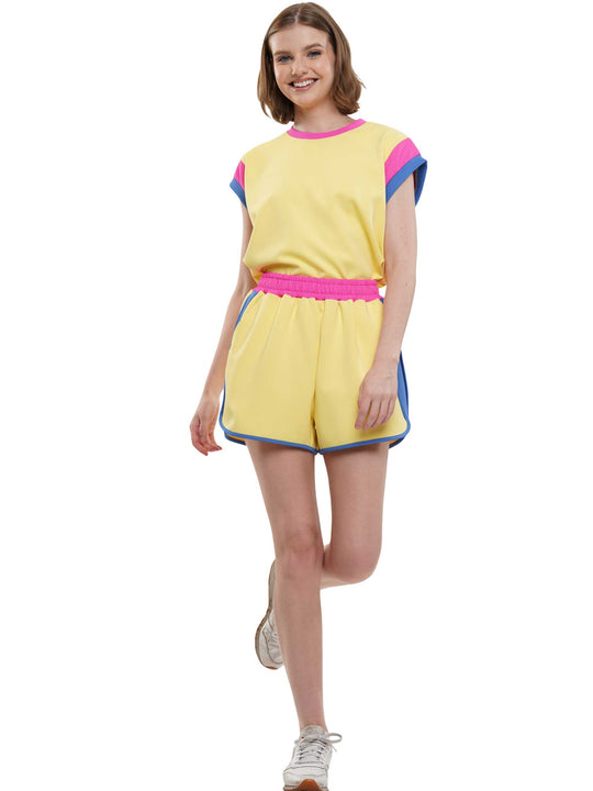 Wide Sleeve Color Block Short Sleeve Top and Matching Casual Shorts