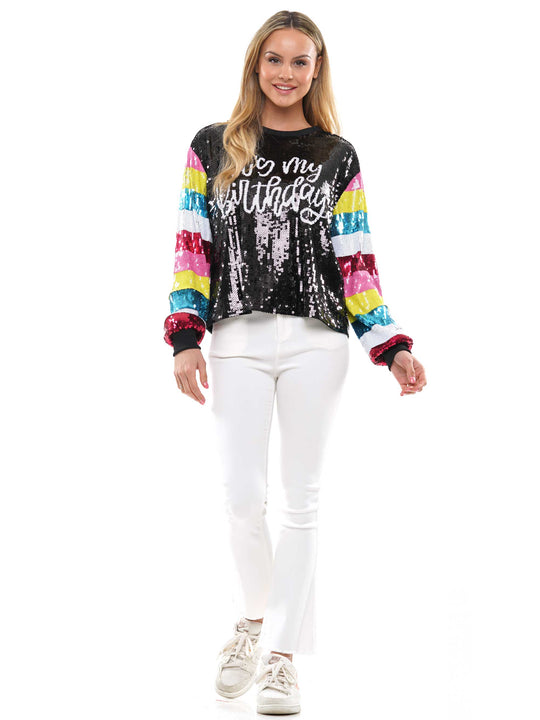 It's My Birthday colorful sequin striped long sleeve top