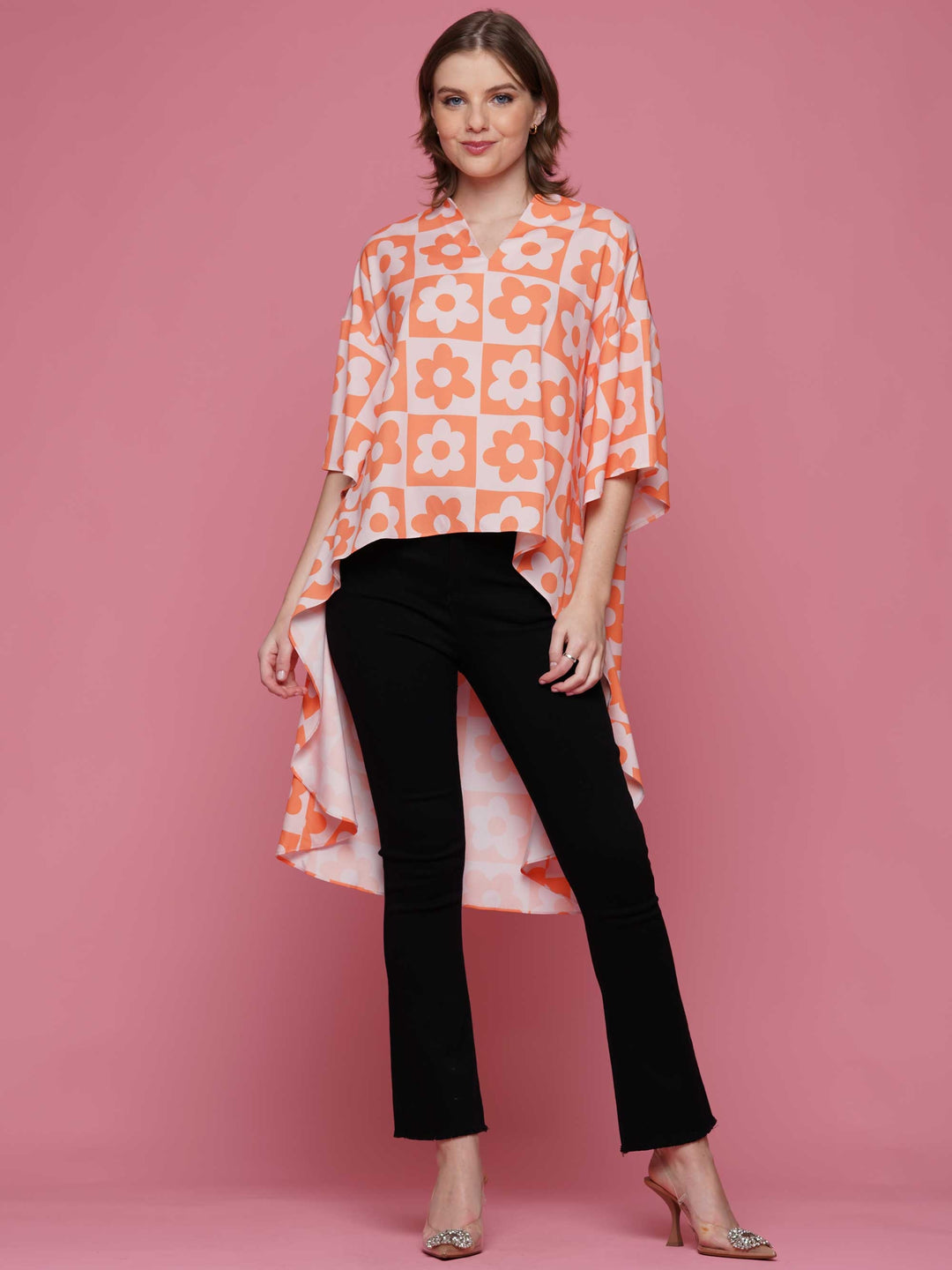 High Low Checkered Flower Print Top