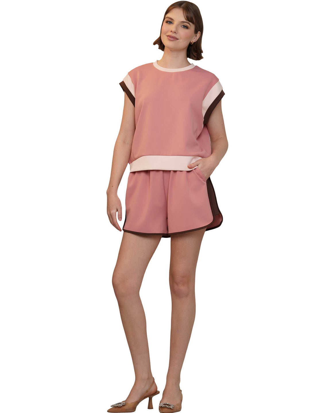 Wide Sleeve Color Block Short Sleeve Top and Matching Casual Shorts-Mauve