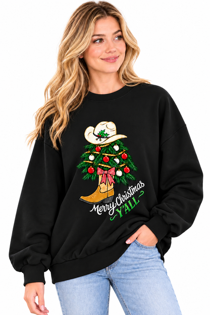 Western Christmas Cowboy Boot Tree Sweatshirt – Black
