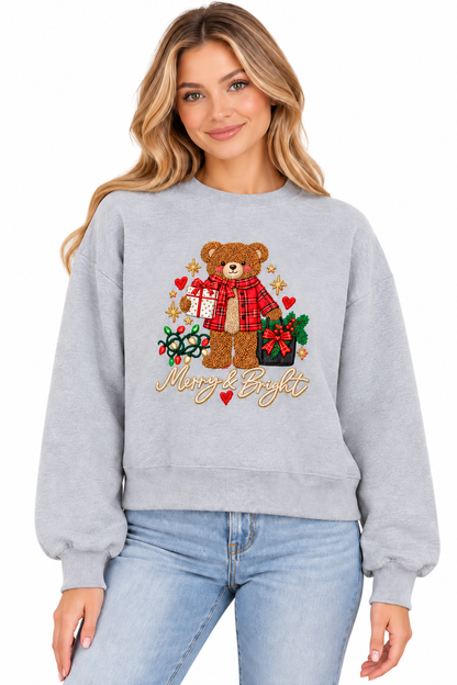 Merry & Bright Teddy Bear Christmas Sweatshirt – Heather Gray