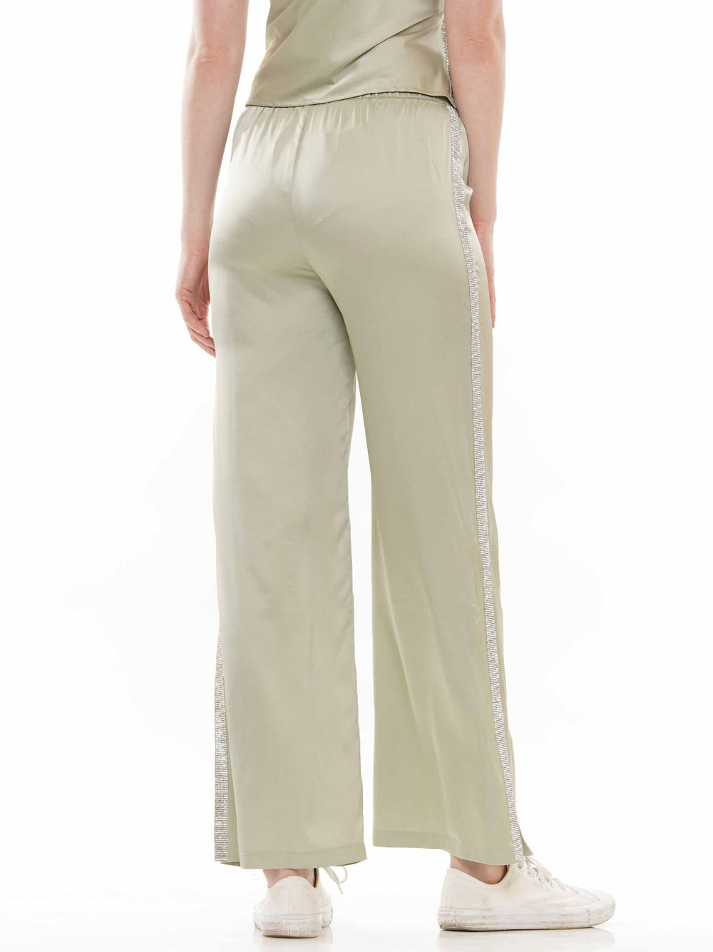 Satin pants with heat stone trim