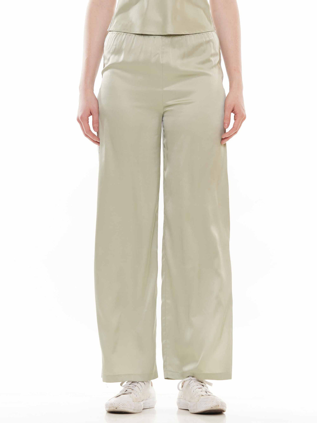 Satin pants with heat stone trim