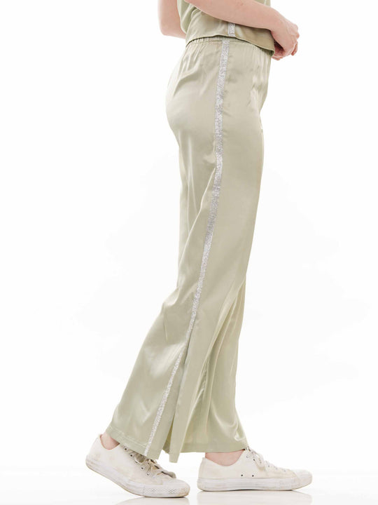 Satin pants with heat stone trim