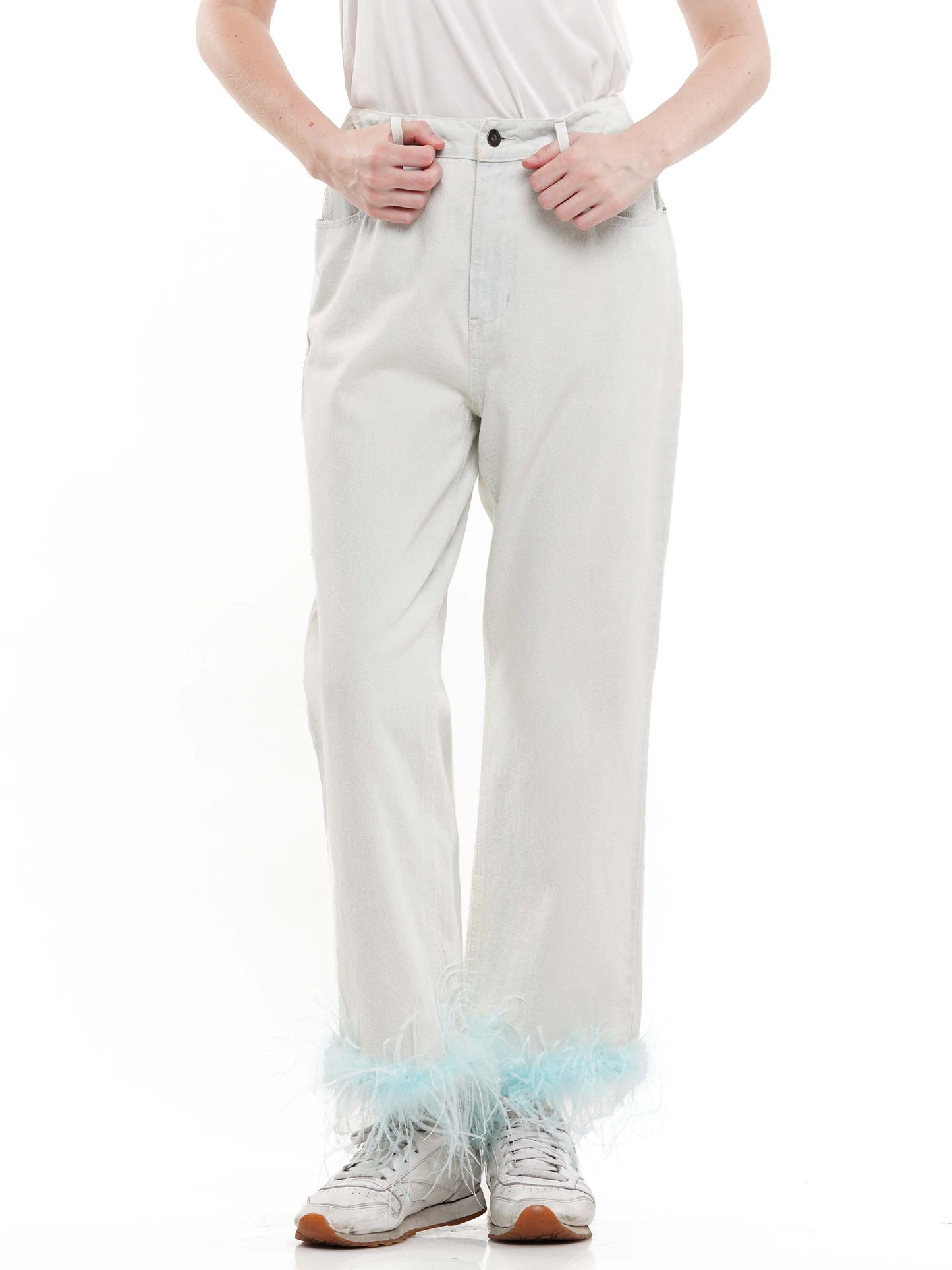 Faux feather denim pants