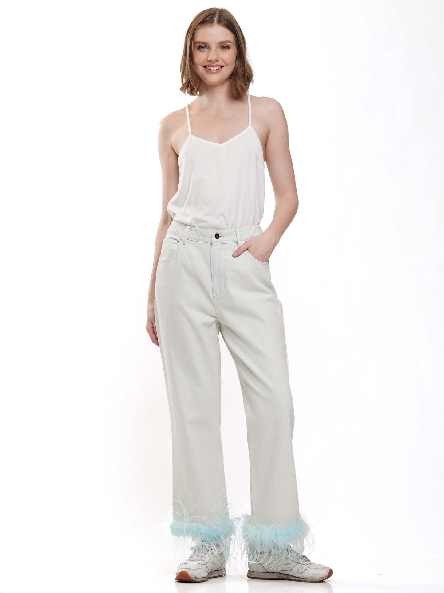 Faux feather denim pants