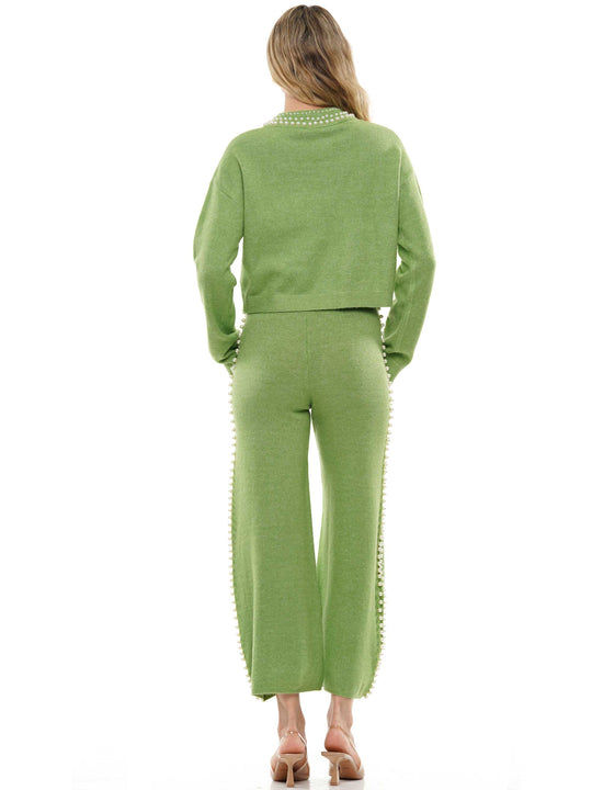 Pearl neck & lined knitted top & pants 2-Piece Set