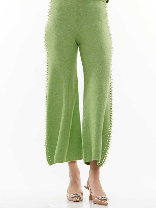 Pearl neck & lined knitted top & pants 2-Piece Set