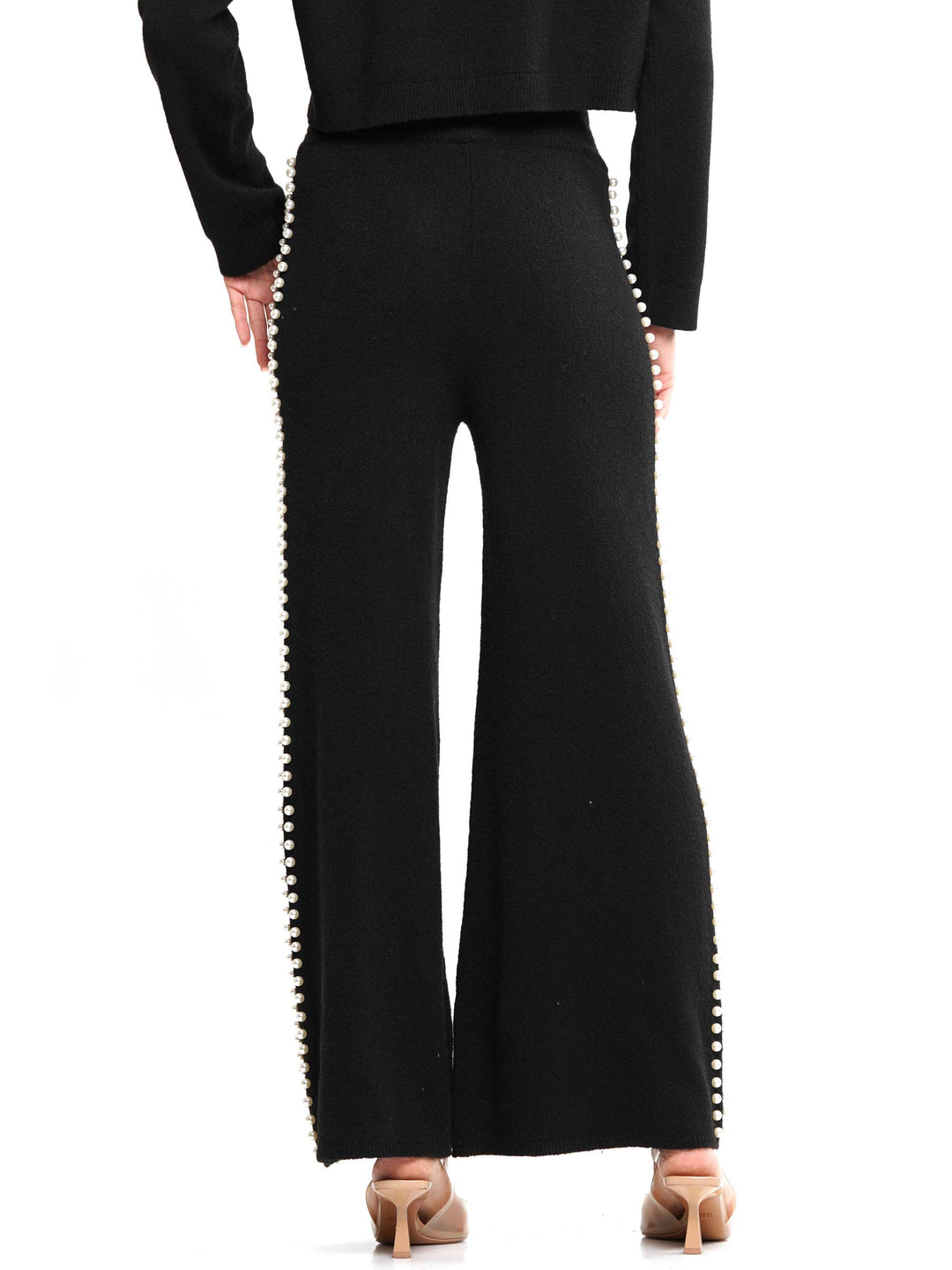 Pearl neck & lined knitted top & pants 2-Piece Set