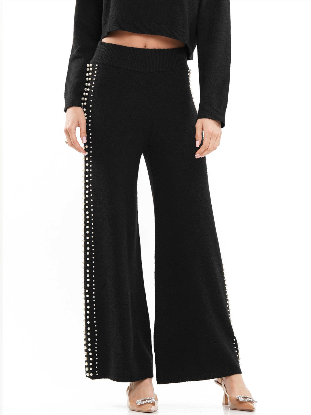 Pearl neck & lined knitted top & pants 2-Piece Set