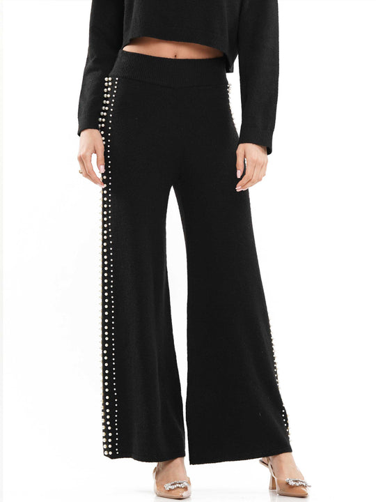Pearl neck & lined knitted top & pants 2-Piece Set