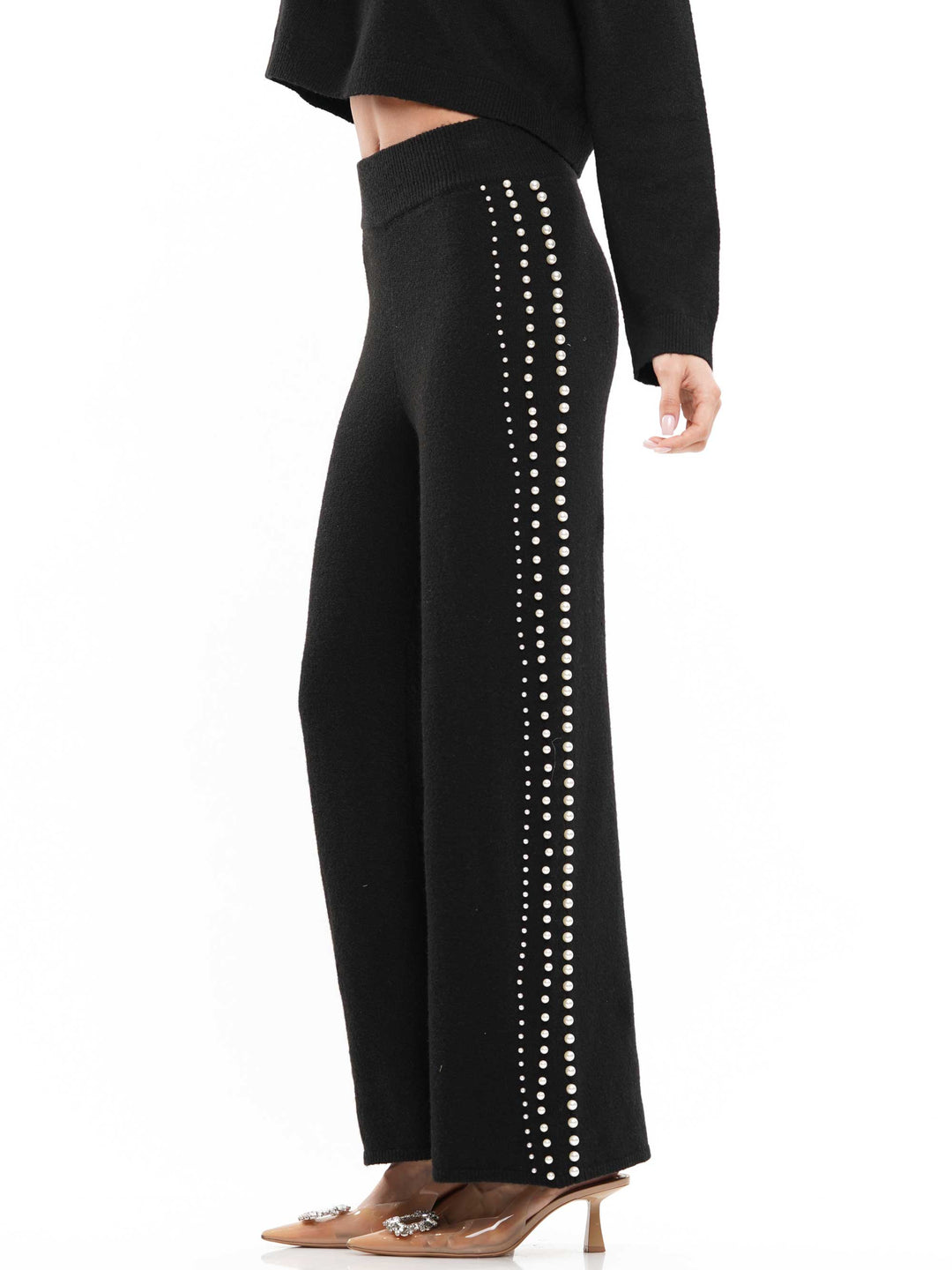 Pearl neck & lined knitted top & pants 2-Piece Set