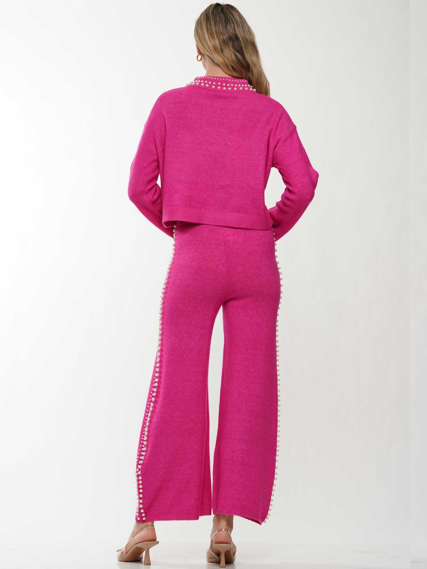 Pearl neck & lined knitted top & pants 2-Piece Set
