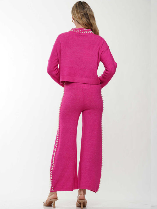 Pearl neck & lined knitted top & pants 2-Piece Set
