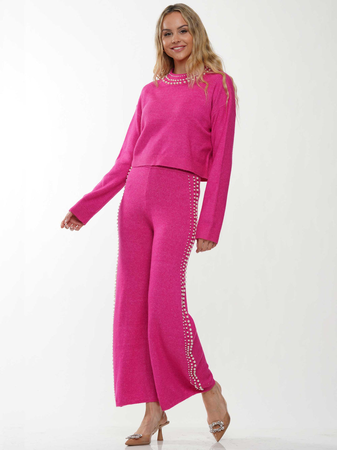 Pearl neck & lined knitted top & pants 2-Piece Set