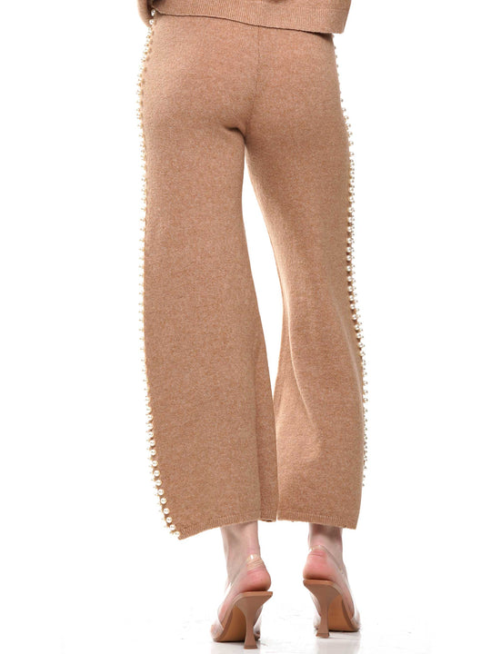 Pearl neck & lined knitted top & pants 2-Piece Set