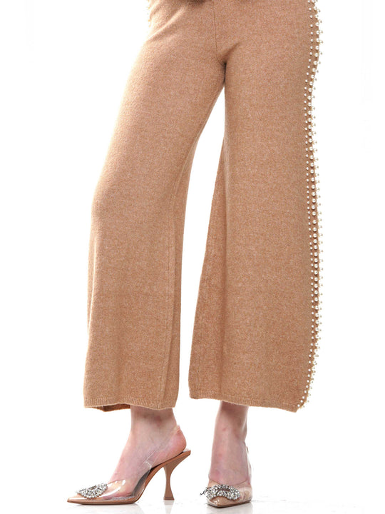 Pearl neck & lined knitted top & pants 2-Piece Set